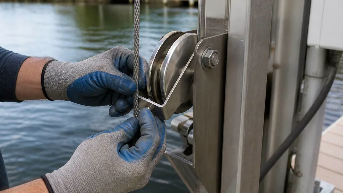 Close inspection of boat lift cable strands for fraying and rust