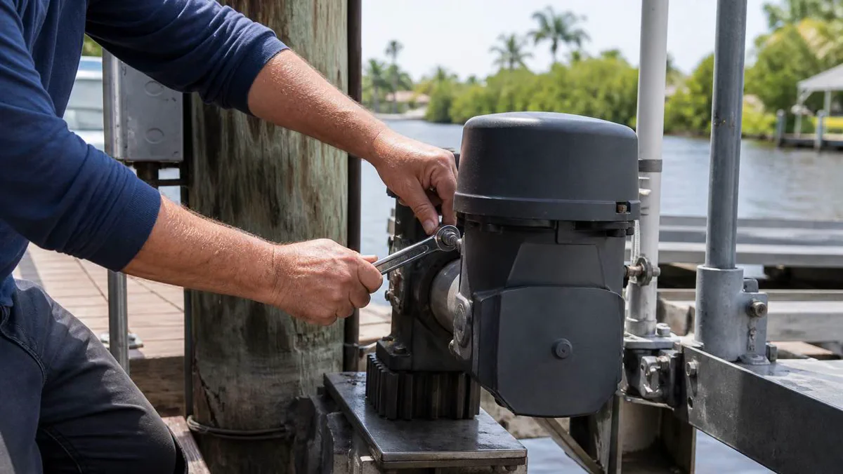 Boat lift motor and gearbox being serviced on a Cape Coral canal