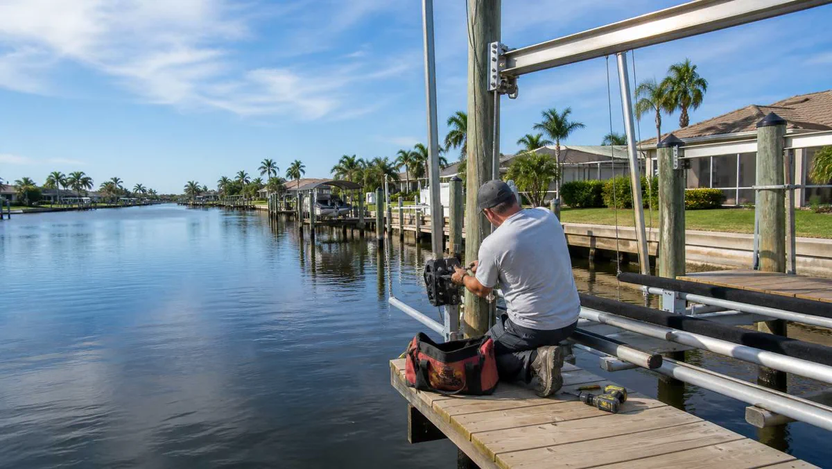 Boat lift over a Cape Coral canal during a repair inspection